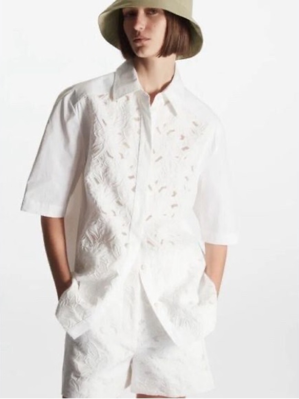 COS White Embroidered Short-Sleeve Button-Down Shirt